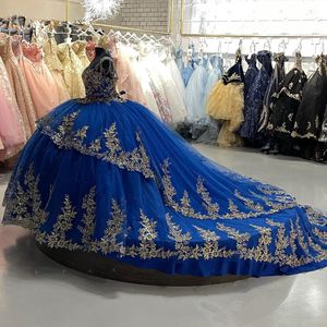 Royal Blue Quinceanera Dresses Cathedral train Prom Gowns 3D Floral Flower Straps Beaded Corset Back Sweet 15 16 Dress