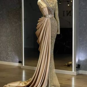 Luxurious Mermaid Gold Evening Beaded Crystals Prom Dresses High Neck Formal Party Second Reception Gowns