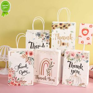 New 5Pcs Floral Design Thank You Kraft Paper Gift Bags for Wedding Birthday Party Gift Packaging Decor Christmas Baby Shower Favors