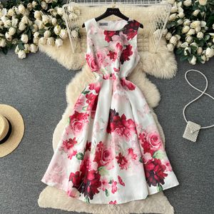 European and American style retro haute couture round neck sleeveless printed dress with waistband style pleated large hem vest long skirt
