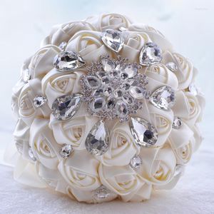 Dekorativa blommor Rhinestones Wedding Bouquet Satin Crystal Ivory Bridal Custom