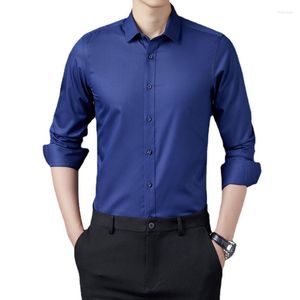 Men's Casual Shirts 2023 Summer Men's Business Dress Work Shirt Non Ironing Bamboo Fiber Solid Color Open Shan Polo Collar Long Sleeve