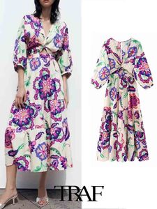 Basic Casual Dresses TRAF Women Dress Fashion Printed Poplin Midi Cutout With Medium And Long Sleeves Dress Woman Lady Female Dress 230620