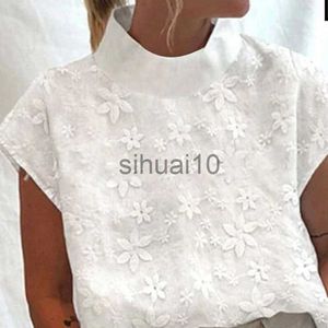 Women's Blouses Shirts Vintage Embroidery Turtleneck Blouse Shirts Women 2023 Ladies Casual Half Sleeve Pullover Tops Summer Fashion Cotton Linen Blusa J230621