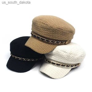 Korean Version Short Brim Wool Keep Warm Women Beret Autumn Winter Chain Fashion Sun Protection Women Hat Peaked Cap L230523