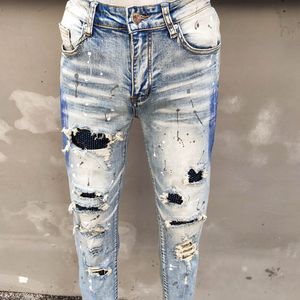 Herren Jeans Kristall Patchwork Hellblau Zerrissene Jean Luxus Männer Zerstörte Jeans Skinny Stretch Denim Hosen Hip Hop Jeans Männer 230620