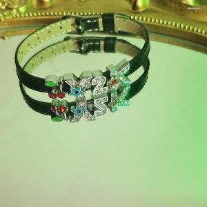 Link Bracelets Fashion Trendy Black Leather Belt Bracelet For Women Shiny Rhinestones Alphabet Star Y2K Girl Sweet Cool Cherry Jewelry