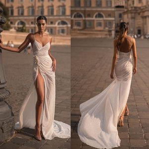 Simple Spaghetti Lace Mermaid Wedding Dress Side Split Sequined Arabic Trumpet Bridal Gowns Robe De Soiree