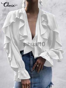 Women's Blouses Shirts Women Ruffles Blouses 2023 Fashion Sexy V neck Tops Elegant Long Sleeve Flare Cuff Shirts Casual Button Up Party Blusas J230621