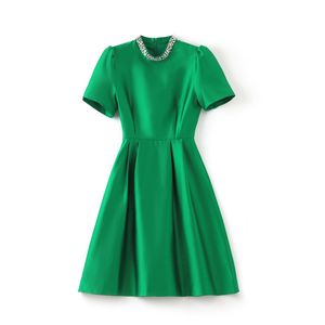 2023 Summer GreenSolid Color Dress Short Sleeve Round Neck Knee-Length Casual Dresses W3L042201