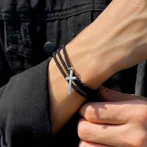 Link Armbänder KunJoe Männer Casual Kreuz Anhänger Mehrschichtige Vintage Schwarz Twisted Seil Kette Charme Hand Armreif Freundschaft Schmuck