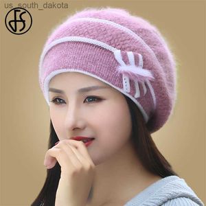 FS Kış Şapkaları Kadınlar için Beret Angora Örgü Şapka Sıcak Çiçek Yay Moda Çift Katmanlar Termal Kar Kapakları Beralar Femme Hiver L230523