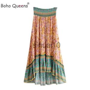 Gonne Boho Queens Fashion Vintage Women Beach Bohemian Floral Peacock Print Gonna Alta Vita elastica Maxi A-Line Gonne Femme J230621