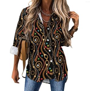 Women's Blouses Chains Blouse Female Leather Belt And Bead Print Casual Loose Summer Long Sleeve Office Work Shirt Design Tops Big Size