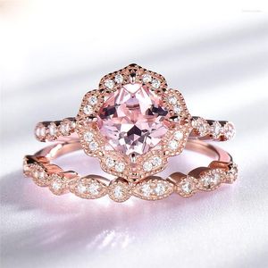 Anelli a grappolo Set di fiori di berillo rosa Argento sterling Morganite Gemma da sposa Oro rosa Pila retrò Gioielli da sposa con zirconi vintage