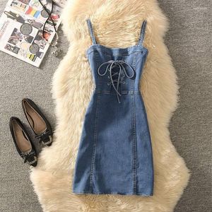 Abiti casual Donna Sexy Jean Dress Fashion Spaghetti Strap Elegant Lace Up 2023 Female Bodycon Mini A-line