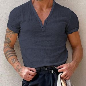Men's T-skjortor Casual Slim V Neck-knäppt Mens bomullslinne Toppar Summer Fashion Pure Color Kort ärm T-shirt Leisure Men Tees