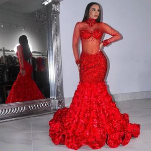 2023 African Diamond Mermaid Prom Dresses High Neck Crystal Long Sleeve Plus Size 3D Rose till och med klänning Elegant Formal Party Sequin Black Girls Night Prom Wear