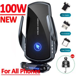 Carregador automotivo sem fio 100 W de carregamento rápido Suporte magnético para montagem em carro para iPhone14 Samsung Xiaomi Indução infravermelha