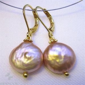 Dangle Earrings 14-15mm Pink Baroque Pearl 18K Hook Cultured Earbob Dangler Engagement Fine Women CLASP Jewelry