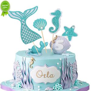 Nya 4st/set sjöjungfru Tail Starfish Cake Toppers flagga barn födelsedagsfest dekorationer cupcake topper bröllop baby shower leveranser