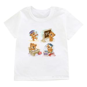 Tシャツ夏の子供たちの漫画テディベアグラフィックプリント男の子と女の子ホワイトoネックカジュアルウェアトップス子供かわいい服230620