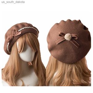 Moda Japon JK Lolita Bere Şapka Kadınlar için Kızlar Yün Kaii Bowknot Felt Beanie Cap Kış Sıcak Şapkaları L230523