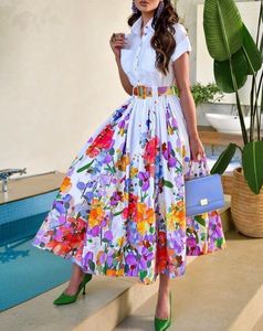 Casual Dresses Elegant For Women 2023 Summer Vacation Floral Print Ruched Buttoned Short Sleeve Fashion Maxi Shirt Dress Without Belt