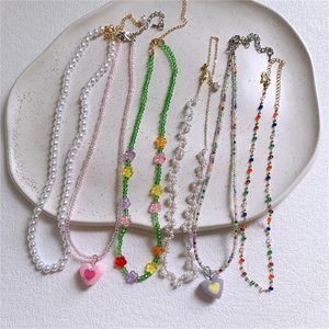 Pendant Necklaces Cute Colorful Crystal Beads Kids Necklace Flower Girls Clavicular Chain Summer Heart Beach Cosplay Jewelry Children Toy