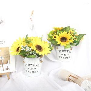 Decorative Flowers Sun Flower Retro Iron Craft Rope Bucket Simulation Bonsai Plant Set Sunflower Fake Decor Ornament Contain Pot