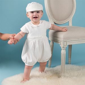 New Baby Boys Christening Romper Children white Long Baptism Jumpsuit with Hat Formal Boys Birthday Toddler Clothes