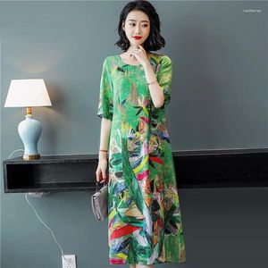 Party Dresses Mom Summer Clothes Imitation Silk Dress Mid-Length Flower Printed Wide Lady Western Style Middle-Aged And Elderly Vestidos Q84