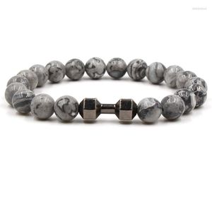 Strand 3 renk 8mm gri taş boncuklar bilezikler Dumbbell Charms Bilezik Buda Yoga Strench Takı Altın Siyah