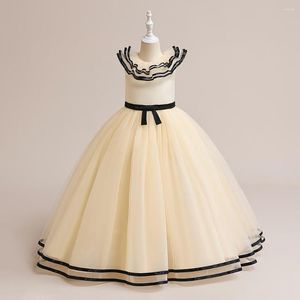 Mädchenkleider Sommer Champagner Kinderkleidung 2023 Eleganter langer Tüll Kinder Schwarzer Gürtel Ballkleid Hochzeitszeremonie