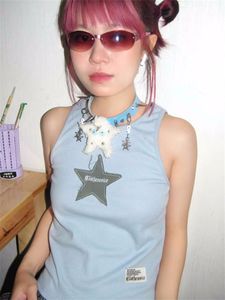 Tanks feminino Camis QWEEK Cyber Y2K Blue Tanks Top Feminino Harajuku Egirl Star Patchwork Crop Tops Slim Kpop Sexy Streetwear Hippie Colete Sem Mangas 230621