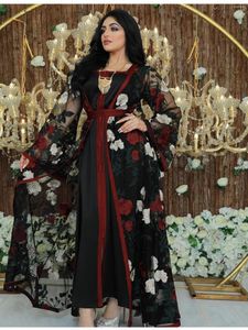 Abbigliamento etnico Marocco Abito da festa Donna Abaya 2 pezzi Set Ricamo Pizzo Abiti floreali Caftano Islamico Pakistan Musulman Ensembles 2023