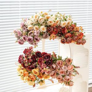 Decorative Flowers Artificial Pomegranate Rose Bouquet Bride Fake Flower Wedding Party Table Decoration DIY For Home Room Decor Accessories