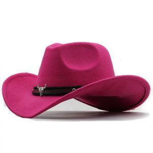 Cloches Metal Cow Head Etykieta Western Cowboy Hat Women Men Mężczyźni Zima Zimowa sztuczna wełna Fedora Hats Cowgirl Feel Cap Party Dress Top Hat 230620