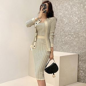 Two Piece Dress H Han Queen Korean Knitting 3 Pieces Set Women Knitted Sling Cardigan And Pencil Skirts Casual Simple Office Lady Skirt Suit 230620