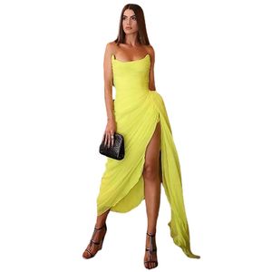 Simple Sheath Yellow Evening Dresses Long Prom Gowns Side Slit Pleat Chiffon Women Evening Dresses