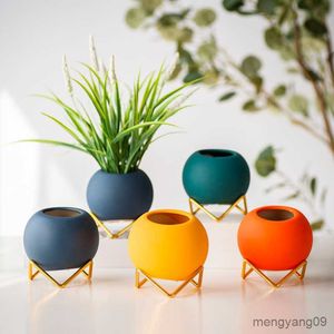 Planters Pots Nordic Simple Succulent Flower Pot With Gold Metal Stand Home Garden Decor Coloful Cactus Small Ceramic Indoor Planter Pot Gift R230621