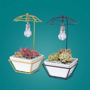 プランターポット傘の形状フレーム電球装飾ホームセラミックフラワーポット植物ホルダー多肉植物プランター
