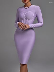 Casual klänningar långärmad bandage klänning 2023 Kvinnor lila bodycon elegant sexig kvällsklubbfest högkvalitativ sommarkläder
