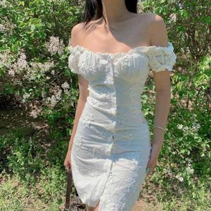 Casual Dresses Women Lace Y2K Fairy Grunge Off-the-shoulder Embroidery Adults Single-breasted Flower Pattern Short Sleeve Mini Dress