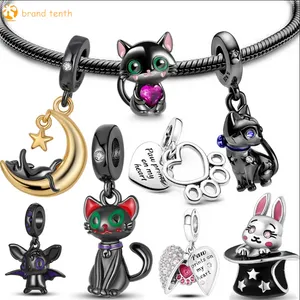 925 Sterling Silber für Pandora Charms authentische Perlen Damen Armbänder Perlen Schwarze Tiere Haustier Katze Pfotenabdruck Baumeln