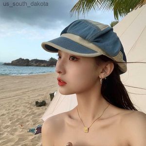 Ins Korean Fashion Blue Beret Hat Female Summer Summer Japan British Retro Tide Contrast Szyging Denim Octagonowy Hat Gorros L230523