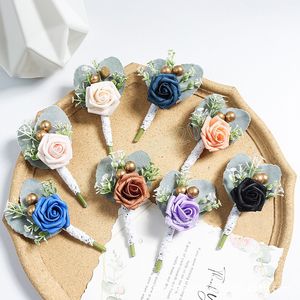 Bröllopskorsningar och boutonnieres för män brudgum Silk Rose Boutonniere -knapphål Artificiella blommor Bouquet Corsages Brosch Pins