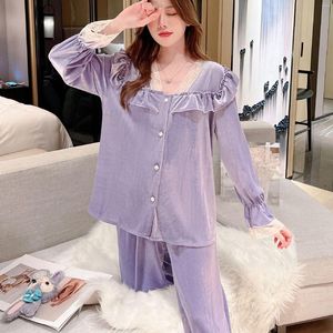 Women's Sleepwear Fashion Autumn Winter Ruffled Gold Velvet Pyjamas Pajamas Velour Long Sleeve Shirt Pants Women Nightwear