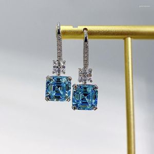 Stud Earrings 925 Silver Ear Hook Women's Luxury Inlaid 10 Blue Treasure Square Pagoda High Carbon Diamond