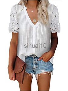 Women's Blouses Shirts Women Short Sleeve Solid V-neck Hollow Out Lace Patchwork Pleated Chiffon Tops J230621